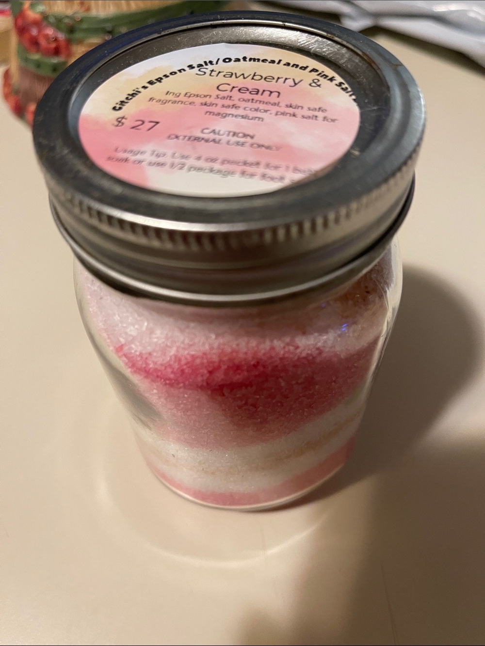 Strawberry & Cream Bath Salt Jar - Pink/White
